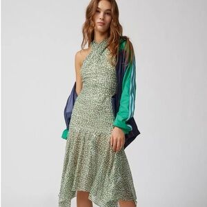 URBAN OUTFITTERS EN SAISON REGIS HIGH NECK DROP WAIST MIDI DRESS GREEN SZ L